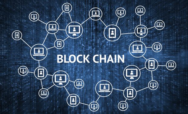 Blockchain network concept , Distributed ledger technology , Block chain text and computer connection with blue matrix coded background